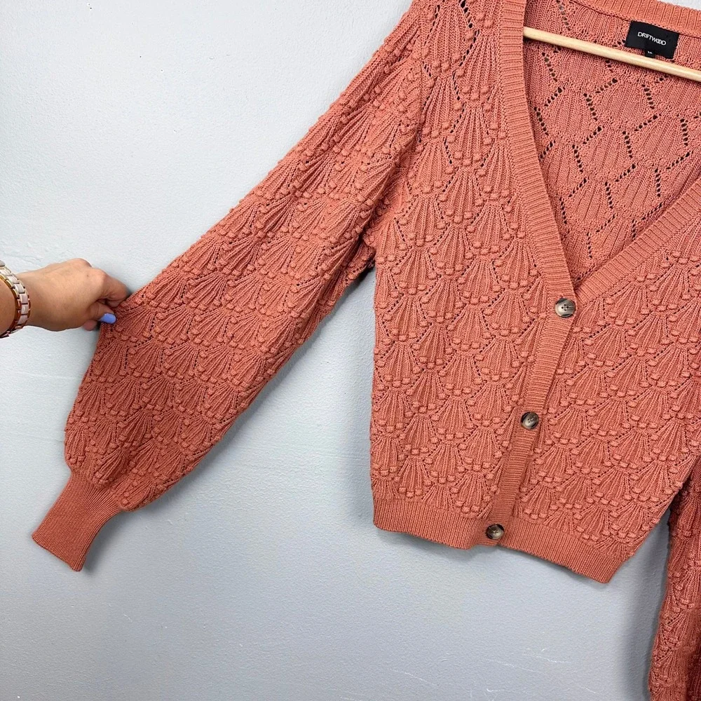 Driftwood Cardigan Women Size M Spice Orange Textured Shell Knit Balloon Sleeve - Picture 2 of 9